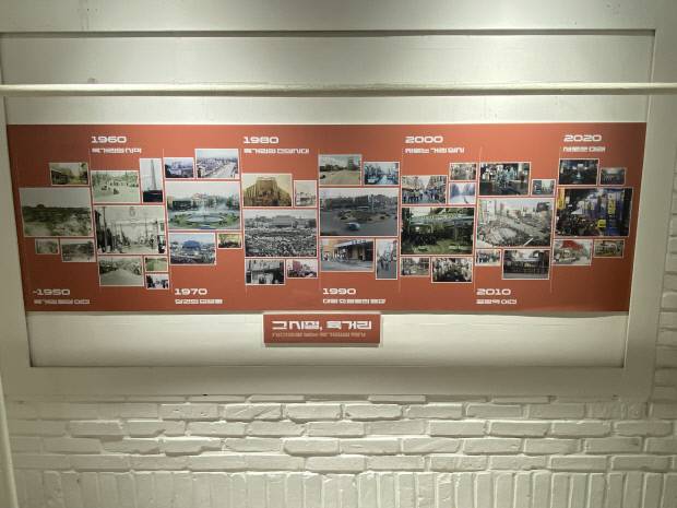 '다시 육거리' 프로젝트 전시장에 설치된 중앙상가 일대의 변화를 담은 연표형 패널.