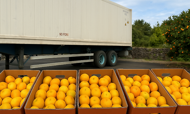 갓 수확한 제주 감귤이 상자에 담겨, 새로운 여정을 앞두고 있다. (편집 이미지)