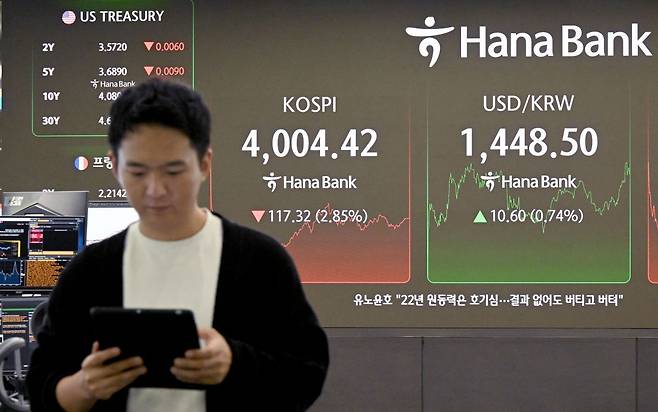 코스피가 급락한 지난 5일 서울 중구 하나은행 본점 딜링룸에서 직원들이 업무를 보고 있다. 권현구 기자