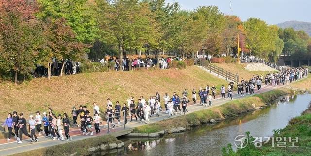 가을 정취를 즐기며 양재천변을 달리는 참가자들. 조주현·윤원규기자