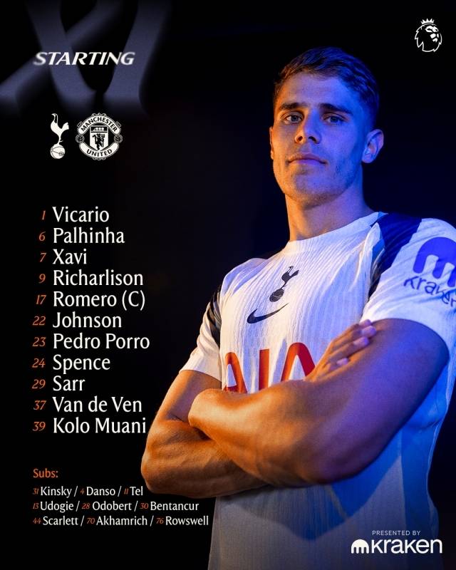 토트넘은 골키퍼 비카리오를 시작으로 포로-로메로-반더벤-스펜스-팔리냐-사르-존슨-시몬스-히샤를리송-콜로 무아니가 선발 출전했다. 사진=토트넘 홋스퍼 SNS