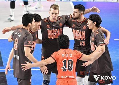 득점 후 기뻐하는 OK저축은행 선수들 [한국배구연맹 제공. 재판매 및 DB 금지]