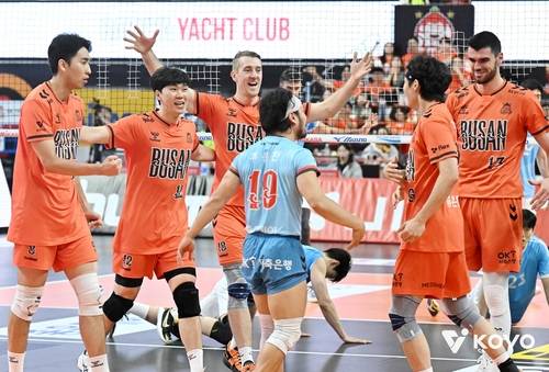 득점 후 기뻐하는 OK저축은행 선수들 [한국배구연맹 제공. 재판매 및 DB 금지]