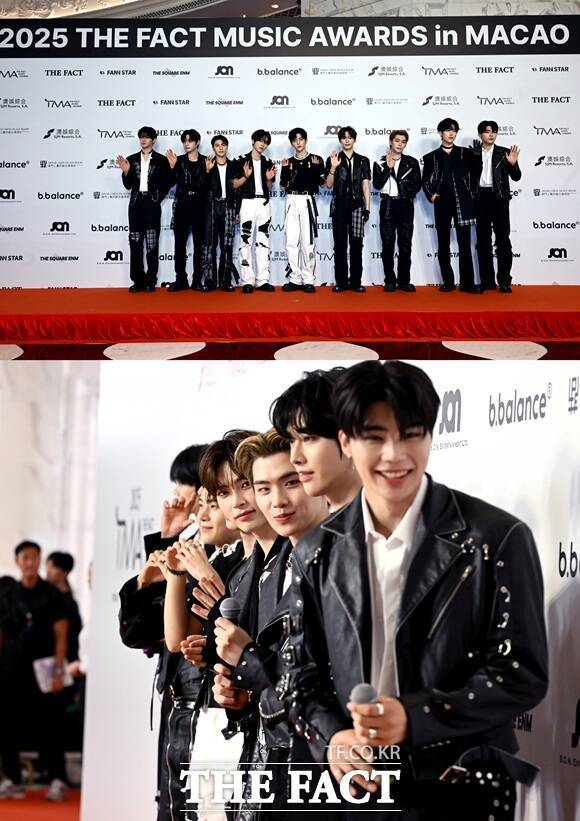 그룹 제로베이스원의 김규빈 김지웅 석매튜 한유진 장하오 성한빈 김태래 리키 박건욱(사진 위, 왼쪽부터) 9월 20일 '마카오 아웃도어 퍼포먼스 베뉴'에서 열린 '2025 더팩트 뮤직 어워즈’ 레드카펫에서 포즈를 취하고 있다./이효균 기자