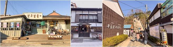 (좌로부터) ‘갯마을 차차차’ 촬영지, 옛 적산가옥이 지금은 카페 등으로 꾸며져 있다. 근대문화역사거리 입구의 계단