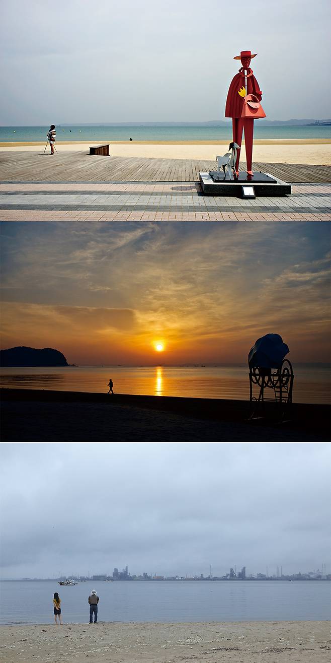 (위에서부터) 영일대의 조형물, 영일대 해변의 일출, 영일대 해변 너머의 포스코