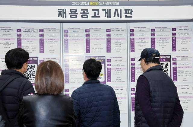 지난 6일 경기 고양시 킨텍스에서 열린 ‘2025 고양시 중장년 일자리 박람회’에서 구직자들이 채용공고 게시판을 보고 있다.  [연합뉴스]
