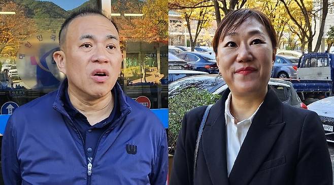 ‘윤석열·김건희 부부의 공천개입 의혹사건’ 핵심인물인 명태균(왼쪽)씨와 강혜경씨가 10일 창원지법에 들어서며 취재진 질문에 답하고 있다. 최상원 기자