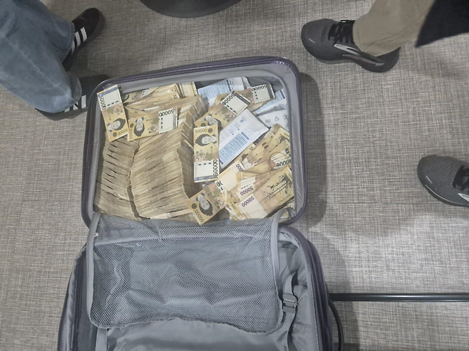 국세청이 10일 고액·상습 체납자를 수색한 결과 여행용 가방에서 발견한 돈다발을 공개했다. 국세청 제공