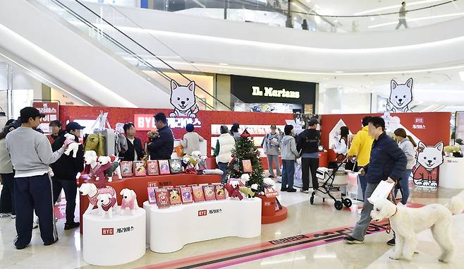 BYC가 이번 가을·겨울 시즌 신제품을 소개하기 위한 개리야스 팝업스토어를 스타필드 하남에서 열었다. 사진은 지난 9일 스타필드 하남의 개리야스 팝업스토어를 방문한 고객들과 강아지 모습.  BYC