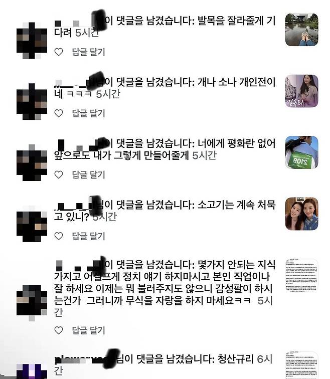 김규리는 승소 이후에도 악성 댓글이 계속되고 있다며 다수의 네티즌으로부터 받은 악성 댓글을 공개했다. /사진=김규리 인스타그램 캡처
