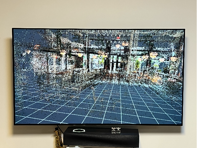 삼성전자 갤럭시XR로 구글지도 내 점포 내부 VR을 실행한 모습. 해당 점포는 100% 내부 VR을 제공하지 않아 실내가 픽셀로 보였다. [박혜림 기자/rim@]