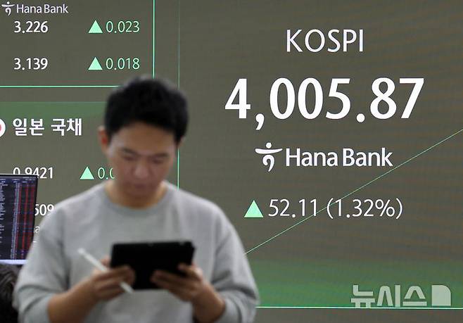 [서울=뉴시스] 배훈식 기자 = 사진은 10일 오전 서울 중구 하나은행 딜링룸 전광판에 코스피가 전 거래일보다 52.11 포인트(1.32%) 오른 4005.87 포인트를 나타내며 상승 출발하고 있는 모습. 2025.11.10. dahora83@newsis.com