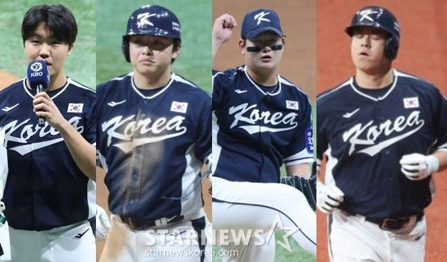 9일 체코와 평가전에서 희비가 엇갈린 한화 선수들. 왼쪽부터 정우주, 문현빈, 김서현, 노시환. /사진=김진경 대기자