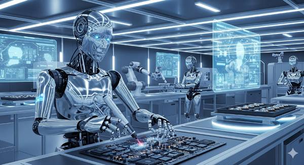 피지컬 AI 휴머노이드 로봇이 작업하는 모습.