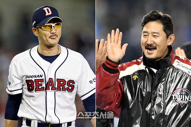 선수 시절의 이재우(왼쪽)와 박용택. 사진 | 스포츠서울 DB