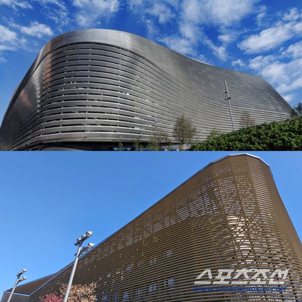 레알 마드리드 홈구장 산티아고 베르나베우(위)와 대한민국축구종합센터 메인 스타디움(아래).