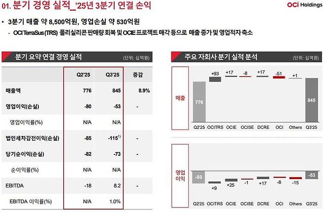 OCI홀딩스 분기별 실적. OCI홀딩스 IR 자료 캡처