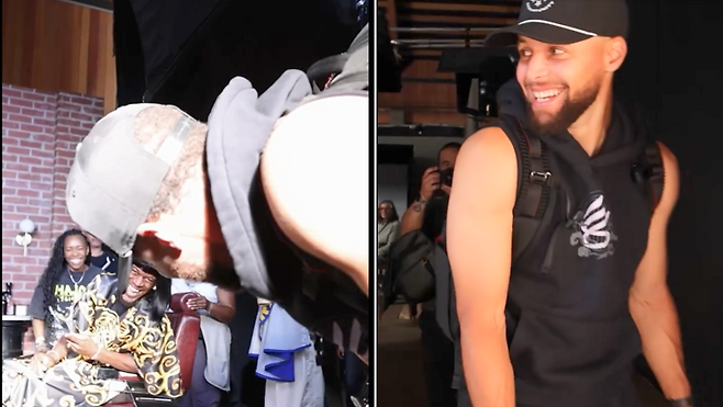 11일 버틀러 SNS에 게시된 광고 촬영 비하인드 장면. 버틀러(사진 왼쪽)의 헤어스타일을 접한 커리가 폭소하는 장면이 담겼다. 사진=버틀러 SNS