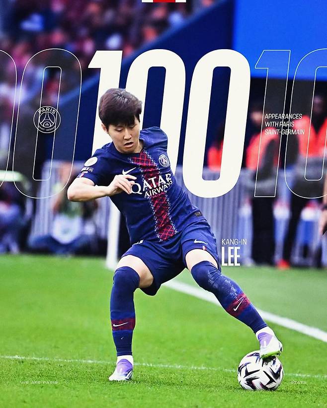 이강인의 PSG 소속 100번째 경기 출전 기록을 축하한 구단 SNS. 사진=PSG SNS