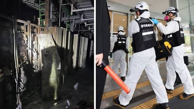 경기 성남시 분당구 SK C&C 판교데이터센터 지하 3층 전기실 내 비상 축전지가 불에 타 그을린 모습(왼쪽)과 경기남부경찰청 과학수사대가 현장 감식을 위해 건물로 들어가는 모습 / 출처=동아일보