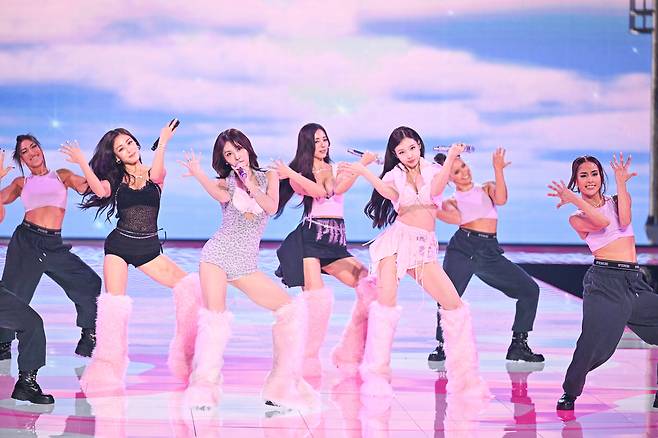 Twice performs during the 2025 Victoria's Secret Fashion Show in New York City on Oct. 15. (AP-Yonhap)