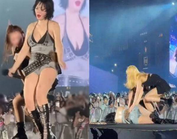 마카오 워터밤 공연 중 실신한 가수 현아가 조용히 귀국길에 올랐다. 사진은 가수 현아가 마카오 워터밤 공연 중 쓰러지는 모습. /사진=온라인커뮤니티