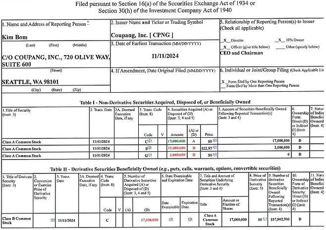 쿠팡Inc 김범석 의장이 지난해 주식 매각과 기부와 관련해 미국 SEC에 제출한 자료. 안호영 의원실