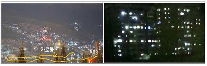 중국쪽에서 촬영한 북한 혜산시 야경(왼쪽) 및 아파트 불빛 [통일연구원 제공. 재판매 및 DB 금지]