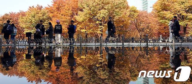서울 성동구 서울숲은 찾은 시민들이 울긋불긋 물든 나무 아래서 휴일을 즐기고 있다. 2018.11.4/뉴스1 ⓒ News1 박정호 기자
