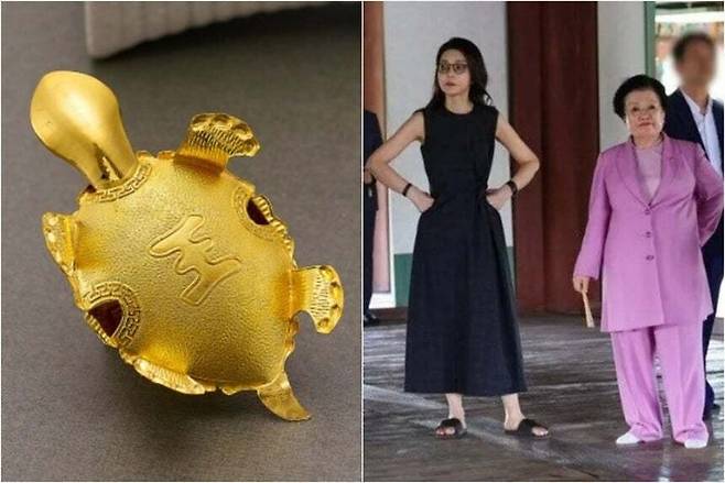 (왼쪽) 금거북이. 한국표준금거래소. (오른쪽) 김건희씨가 2023년 9월 12일 ‘금거북이 매관매직’ 의혹을 받는 이배용 전 국가교육위원회 위원장 등과 함께 경복궁 경회루를 돌아보고 있다. 유튜브 방송 ‘주기자 라이브’ 제공