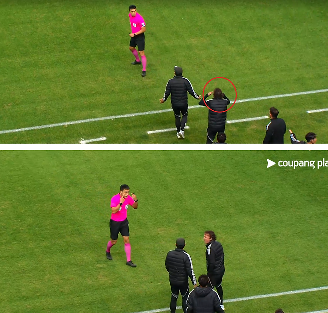 8일 전북과 대전의 경기 중 김우성 심판에게 강하게 항의한 타노스 전북 코치(빨간원). 사진=쿠팡플레이 갈무리