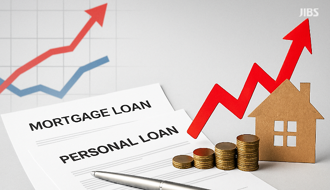 주담대 금리 상승과 신용대출 금리 하락을 시각화한 편집 이미지.