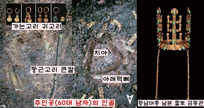 황남대총 남분에서는 남성의 자표유물인 가는고리귀고리와 둥근고리큰칼이 나왔다. 출토 인골을 분석한 결과 60대 남성으로 밝혀졌다. 그러나 금관은 없었고, 금동관이 나왔다.