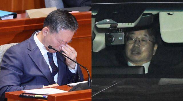 정성호 법무부 장관이 12일 국회 예산결산특별위원회 전체회의에 출석해 생각에 잠긴 듯 눈가를 만지고 있다. 오른쪽 사진은 노만석 검찰총장 권한대행이 서울 서초구 대검찰청에서 차량을 타고 퇴근하는 모습. 검찰의 대장동 사건 항소 포기 사태와 관련해 노 대행은 이날 사의를 표명했다. 연합뉴스, 윤웅 기자