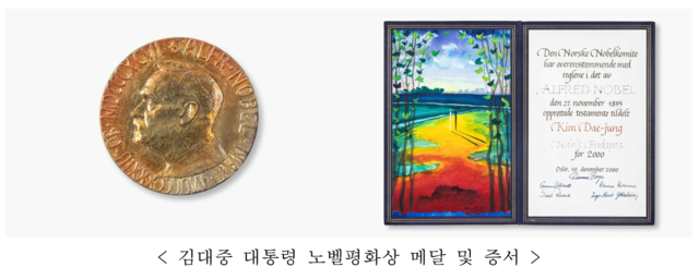 김대중 대통령 노벨평화상 메달과 증서. 국가유산청