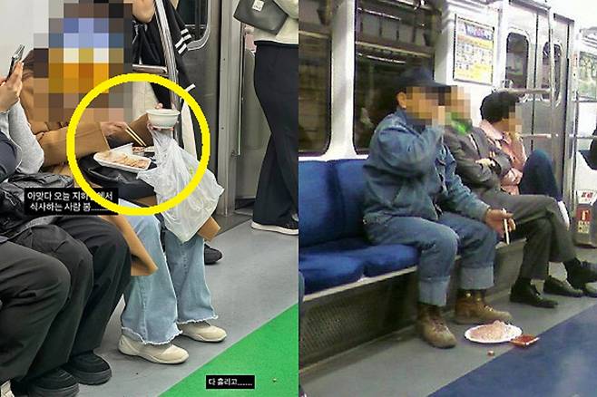 지난달 서울 지하철 2호선 열차 안에서 식사 중인 여성 승객의 모습. 오른쪽은 지하철 열차 내 회와 소주 취식 모습. 사회관계망서비스(SNS) 캡처
