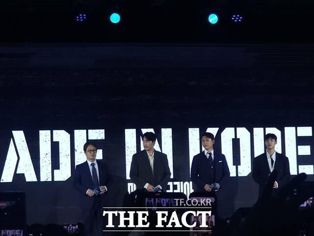 우민호 감독, 배우 정우성 현빈 우도환(왼쪽부터)이 아태 지역의 취재진 앞에서 디즈니+ 오리지널 시리즈 '메이드 인 코리아'에 관한 다양한 이야기를 전했다. /김샛별 기자