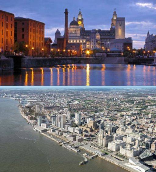 세계문화유산으로 지정됐던 리버풀 항구 인근의 과거 모습(위)과 재개발이 진행 중인 현재. 유네스코 홈페이지 캡처