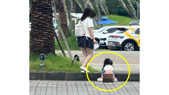 서귀포시 성산읍 아쿠아플라넷 야외주차장에서 바지를 내린 뒤 용변을 보는 여자아이