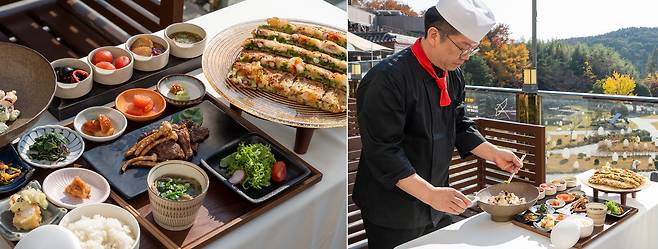 한우 갈비구이와 해물파전. 경주 APEC 때 시진핑 중국 국가주석이 맛본 음식으로 15일부터 정식 판매에 들어간다. 오른쪽 사진은 APEC 특선 음식을 재현해 보이는 조소앙 셰프의 모습. 백종현 기자