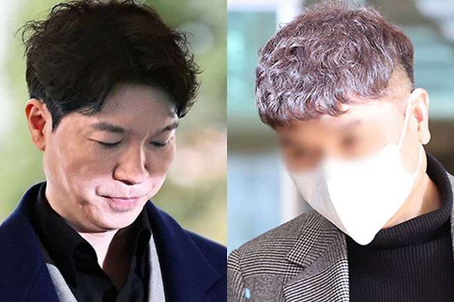 방송인 박수홍씨가 2023년 3월15일 서울서부지방법원에서 횡령 혐의로 구속기소된 친형의 속행공판에 증인으로 출석하며 입장을 발표하고 있다. 오른쪽은 박수홍 친형이 지난해 2월14일 서울서부지법에서 열린 1심 선고를 마친 뒤 나오는 모습. 연합뉴스