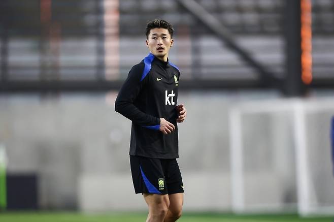 한국 축구 국가대표 조규성이 12일 천안축구종합센터에서 진행된 볼리비아전 대비 비공개 훈련에 참여하고 있다. 대한축구협회 제공