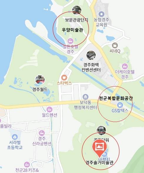 경주 보문단지 주변의 미술관 지도. 네이버지도 캡처