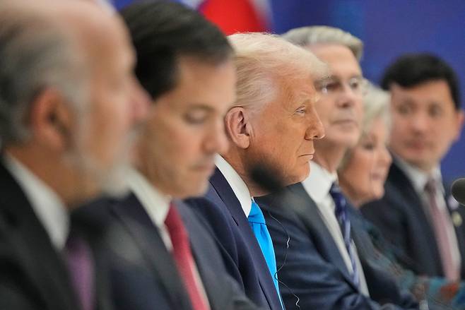 President Donald Trump, with Commerce Secretary Howard Lutnick, Secretary of State Marco Rubio and Treasury Secretary Scott Bessent, holds a talk with South Korean President Lee Jae Myung at the Gyeongju National Museum in Gyeongju, South Korea o Oct. 29. (AP)