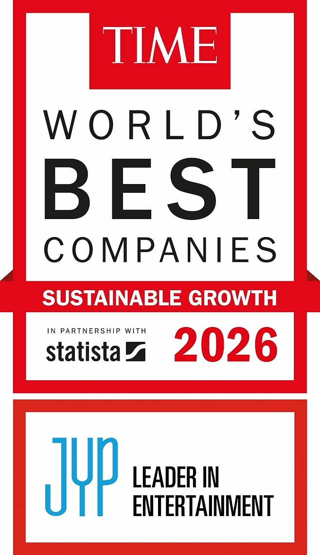 JYP엔터테인먼트가 미 타임지 선정 ‘2026년 세계 최고의 지속가능 성장기업’ 세계 1위에 올랐다. 사진|JYP엔터테인먼트, TIME and Statista