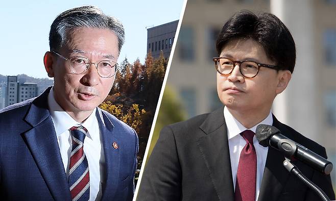 정성호 법무부 장관(사진 왼쪽)과 한동훈 국민의힘 대표 ⓒ연합뉴스