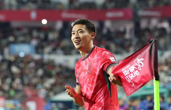 14일 대전월드컵경기장에서 열린 볼리비아와 경기에서 후반 42분 골을 넣은 뒤 세레머니하는 조규성