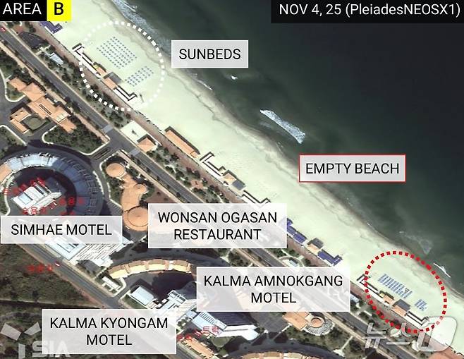 국내 민간기업 SIA가 11월  4일 원산갈마해안관광지구를 촬영한 위성사진을 공개했다. 해변 일대가 텅 빈 모습. (SIA 보고서 갈무리)