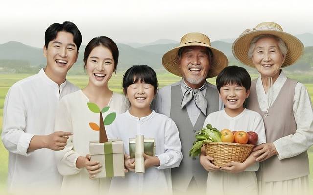 고향을 방문한 한 가족이 환하게 웃으며 기쁨을 나누고 있는 모습 [조폐공사 제공]